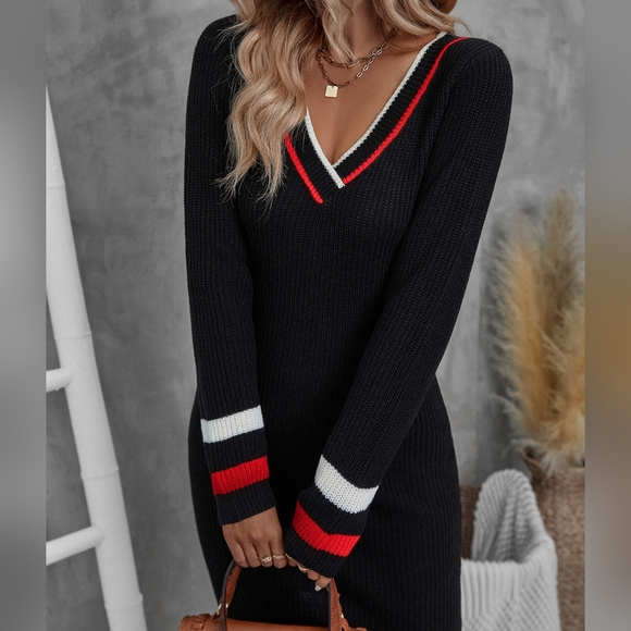 Dresses & Skirts - Striped Trim V Neck Sweater Dress